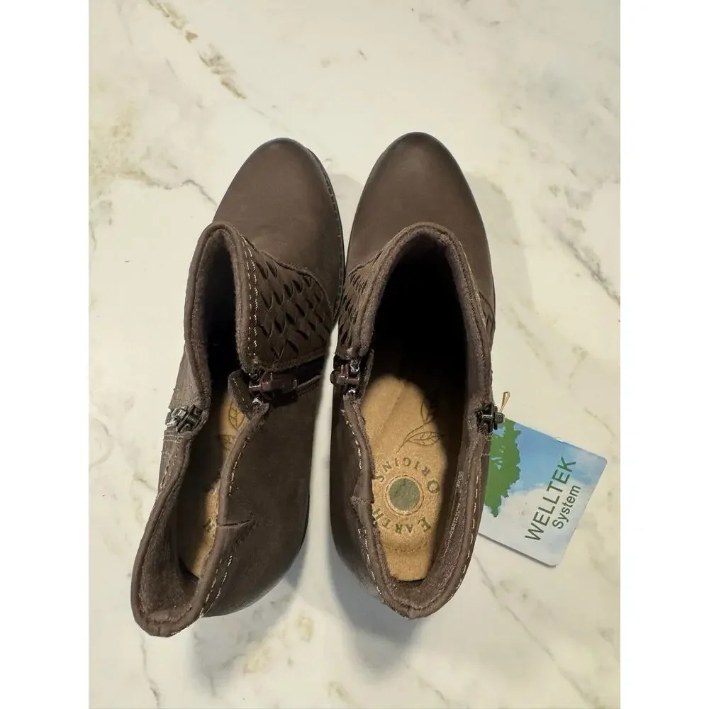 Earth Origins Alexis Ankle Boots Woven Brown Bark Leather Women's Size 8